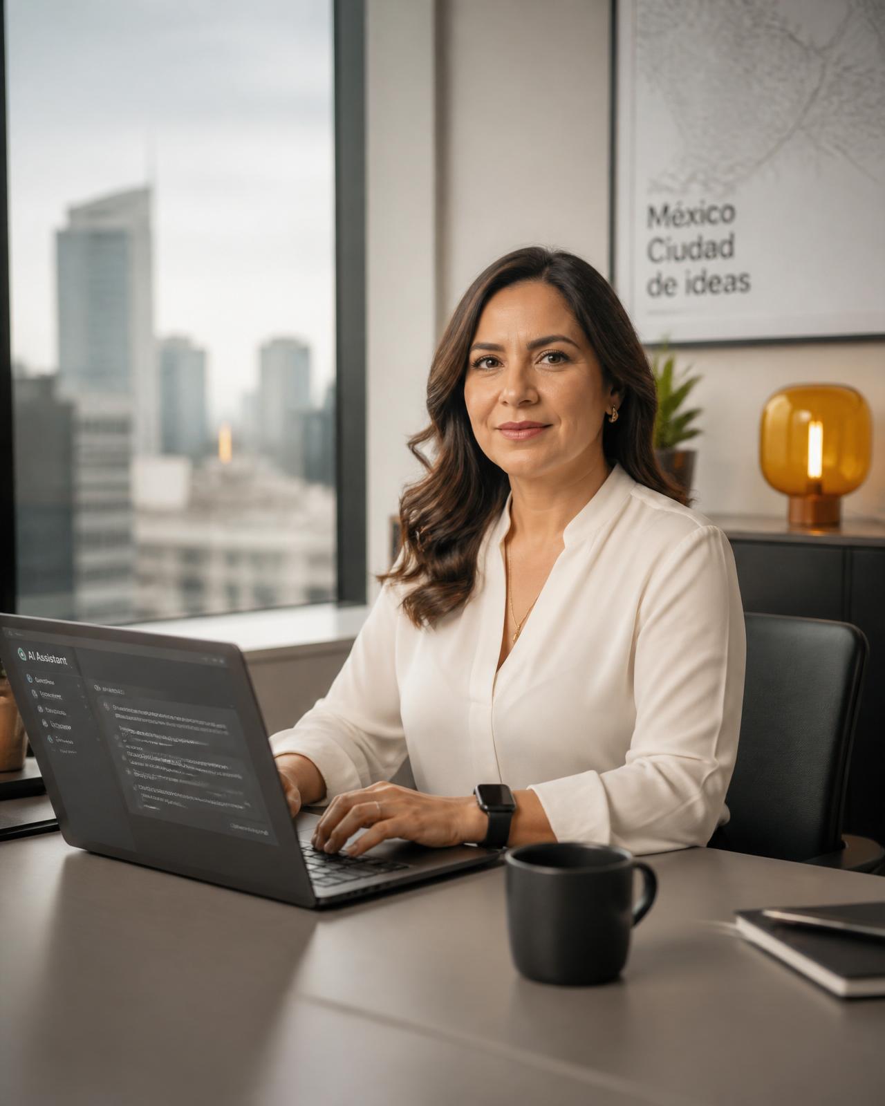 Directora de operaciones de una empresa mexicana consultando a un agente de IA con contexto verificado.